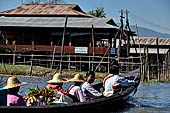 Inle Lake Myanmar. All the buildings are constructed on piles. Residents travel around by canoe, but there are also bamboo walkways and bridges over the canals, monasteries and stupas. 